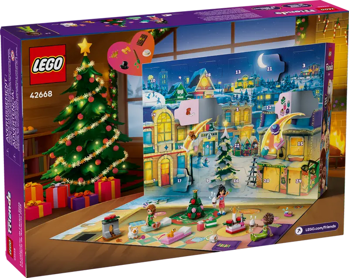 LEGO Friends Advent calendar packaging with Christmas scene and tree.