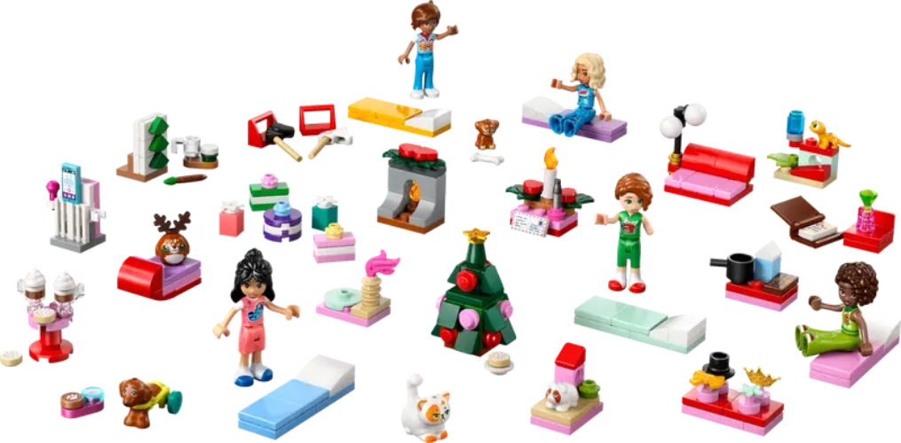 LEGO Friends set with various characters and items on a white background