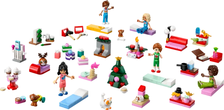 LEGO Friends set with various characters and items on a white background