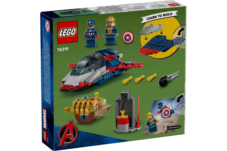 LEGO Marvel Super Heroes set packaging with toy figures and vehicle on a green background