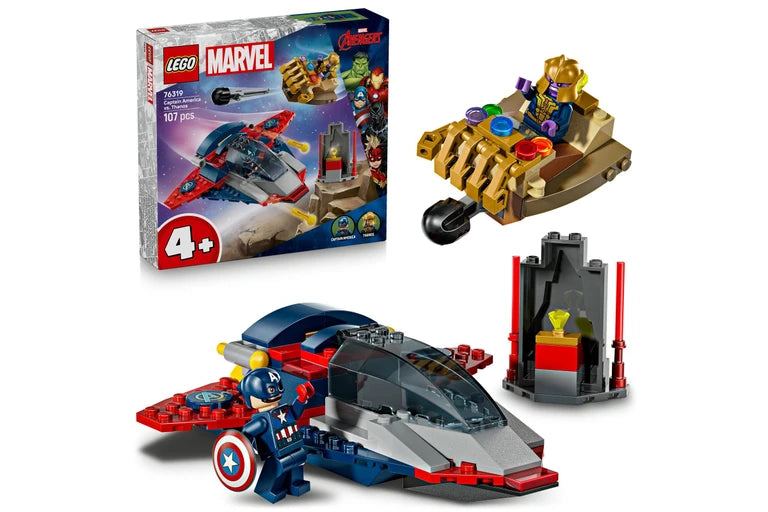 LEGO Marvel set with packaging and building pieces on a white background