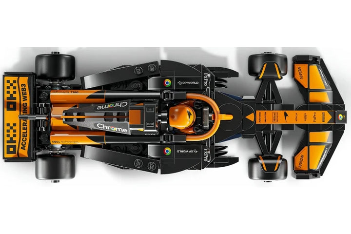 Top-down view of a Formula 1 car with visible branding on a white background LEGO McLaren F1 Team MCL38 Race Car 77251