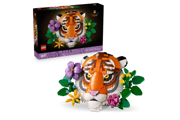 LEGO tiger model with floral decorations and packaging on a white background