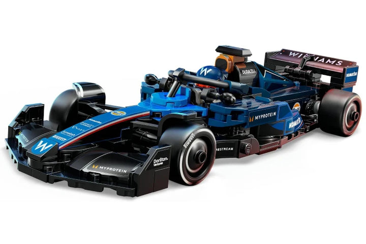 Model of a Formula 1 car with visible branding on a white background