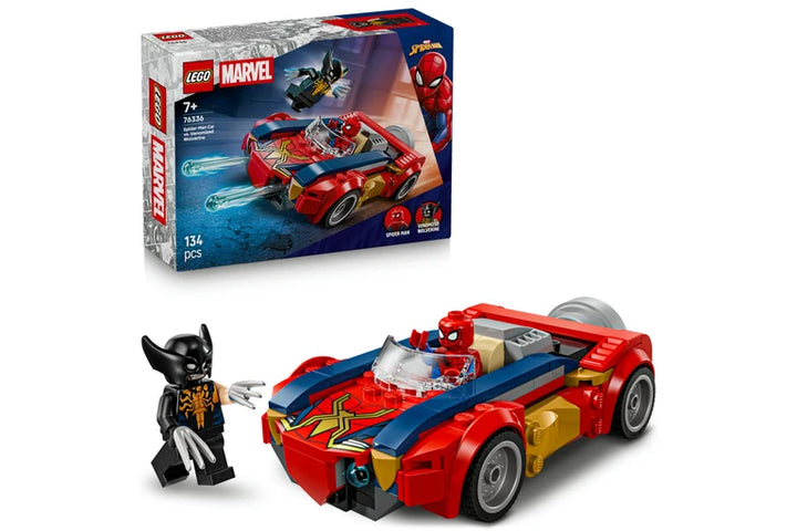 LEGO Marvel Spider-Man and Wolverine set 6643, showing the assembled red, blue, and gold Spider-Man car with a Spider-Man minifigure in the foreground, alongside the original product box in the upper left on a white background.