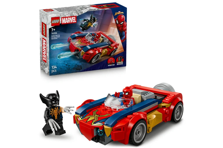 LEGO Marvel Spider-Man and Wolverine set 6643, showing the assembled red, blue, and gold Spider-Man car with a Spider-Man minifigure in the foreground, alongside the original product box in the upper left on a white background.