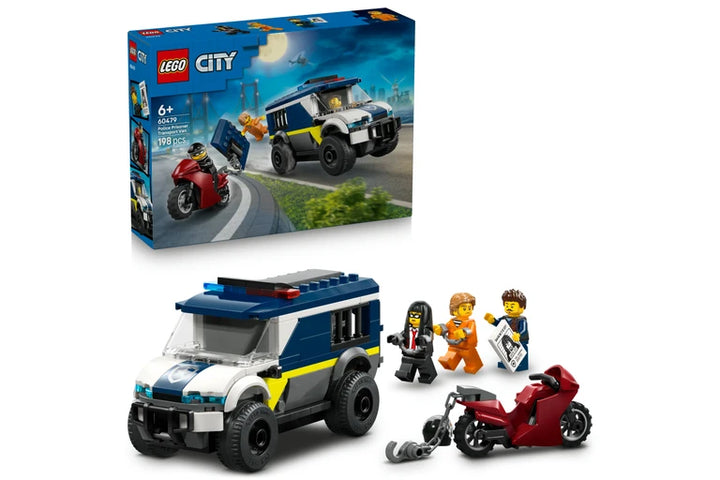 LEGO City police vehicle set shown with its retail box on a white background. The set includes a blue, white, and yellow police car, a red motorcycle, and three minifigures.