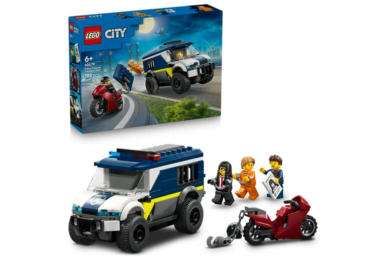 LEGO City police vehicle set shown with its retail box on a white background. The set includes a blue, white, and yellow police car, a red motorcycle, and three minifigures.