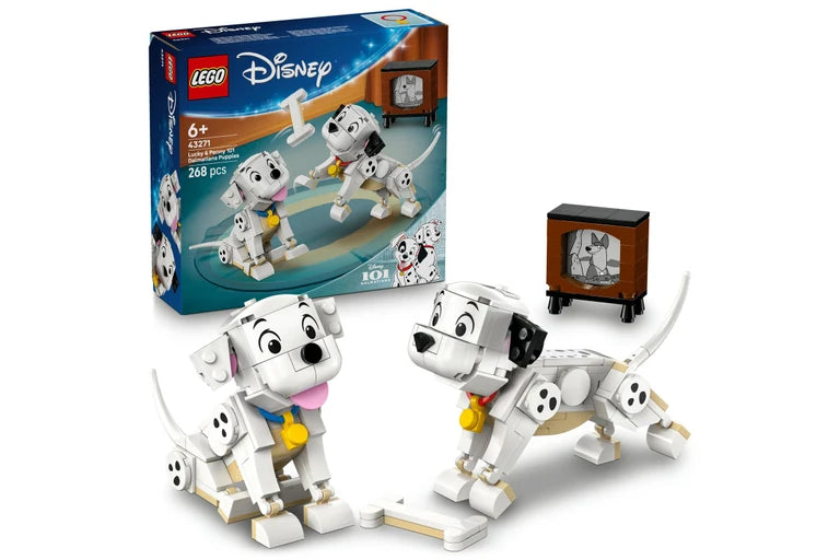 LEGO Disney 101 Dalmatians set with two dogs and packaging on a white background