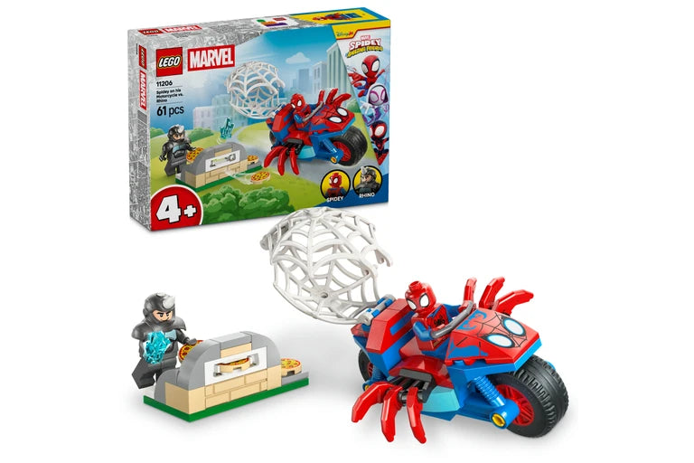 LEGO Marvel Spider-Man toy set with motorcycle and character figures on a white background