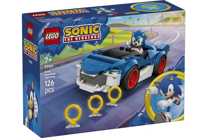 LEGO Sonic the Hedgehog packaging with Sonic and his car on a racetrack background