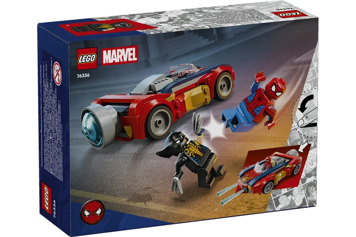 LEGO Marvel Spider-Man and Venom set 76236 toy box shown at a slight angle on a white background, featuring Spider-Man, Venom, and a red and yellow race car on the front artwork.
