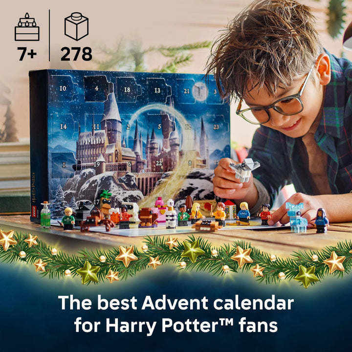 Child playing with Harry Potter figurines in front of a Harry Potter-themed Advent calendar.