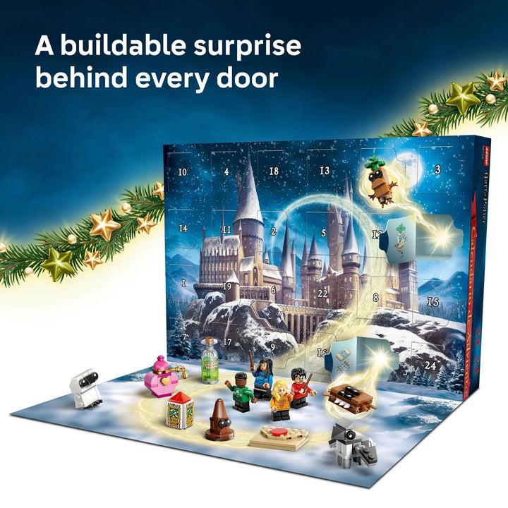 Advent calendar with Harry Potter theme, showing figures and snowy castle design.