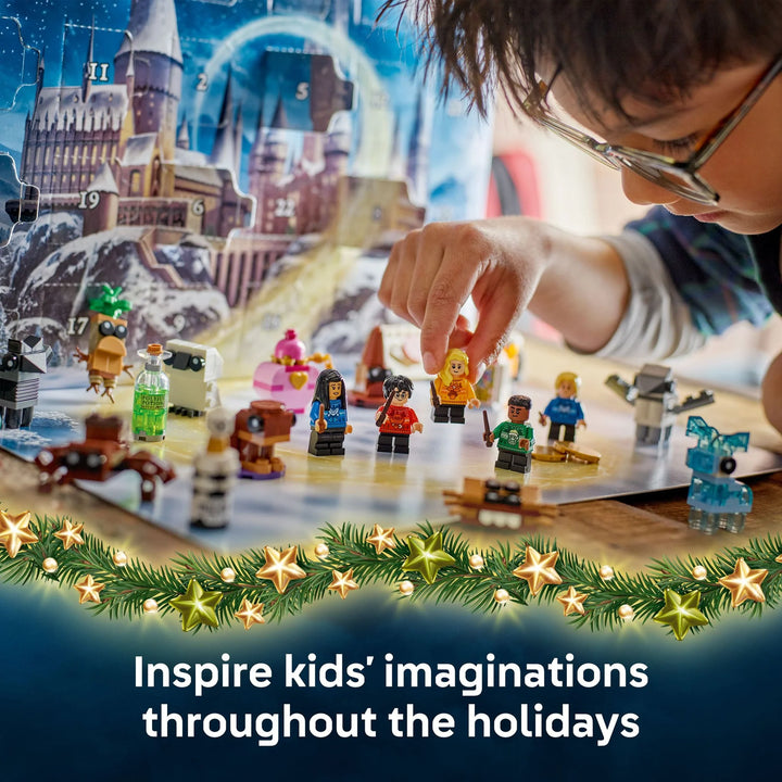 Child playing with LEGO figures on a table with decorative elements and text 'Inspire kids' imaginations throughout the holidays'.