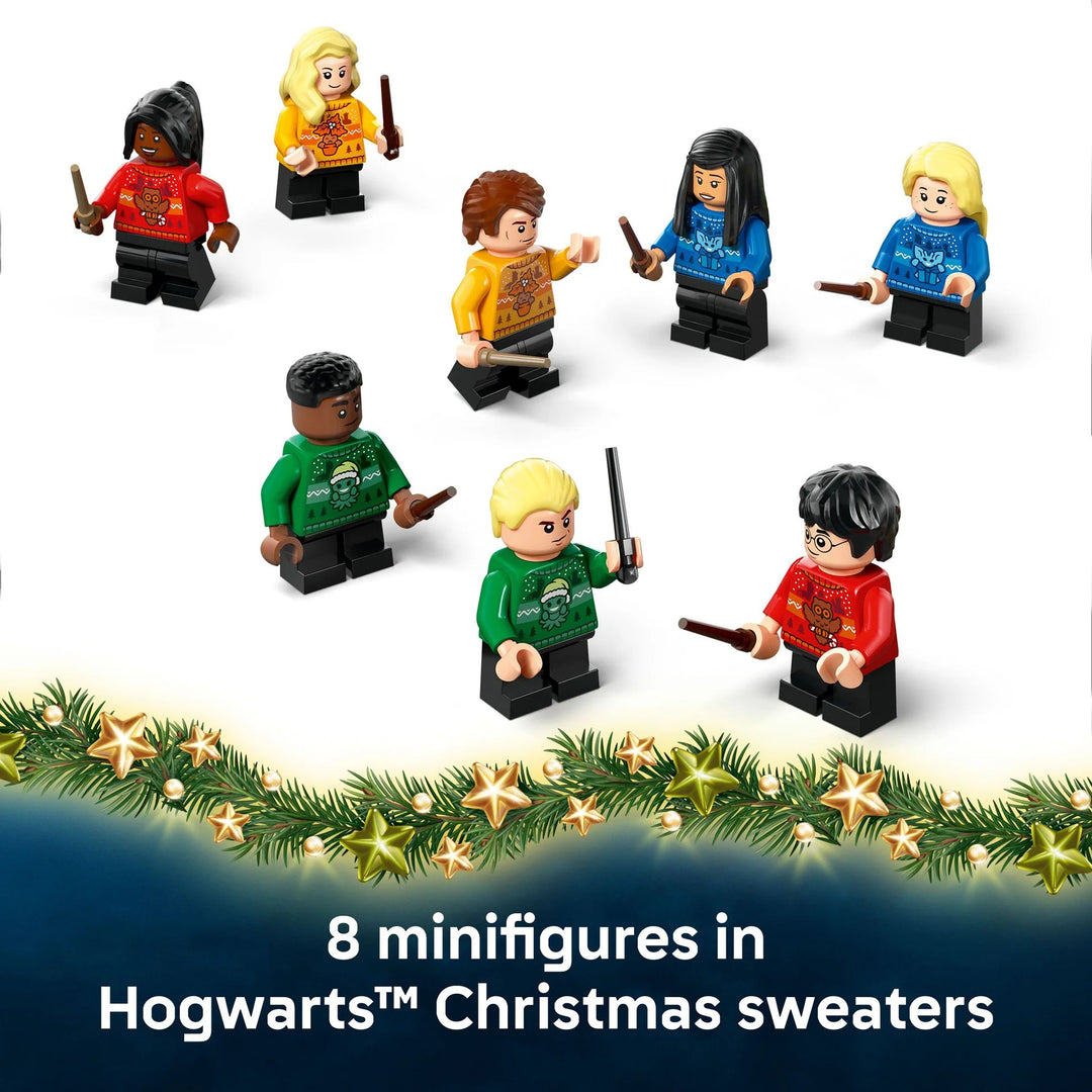 Set of LEGO minifigures in Hogwarts Christmas sweaters with decorative garland at the bottom.