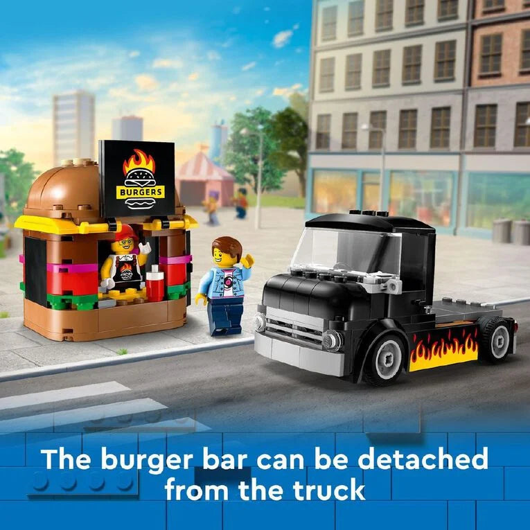 LEGO burger stand and truck set with city background