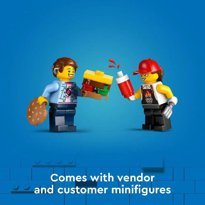 Two LEGO minifigures on a blue background with text about vendor and customer minifigures.