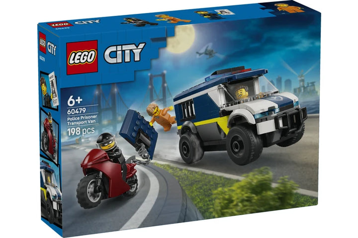 LEGO City Police Motorcycle Transport set 60479 toy box, showing a blue and white police vehicle, a red motorcycle, and a small LEGO figure on the front packaging.