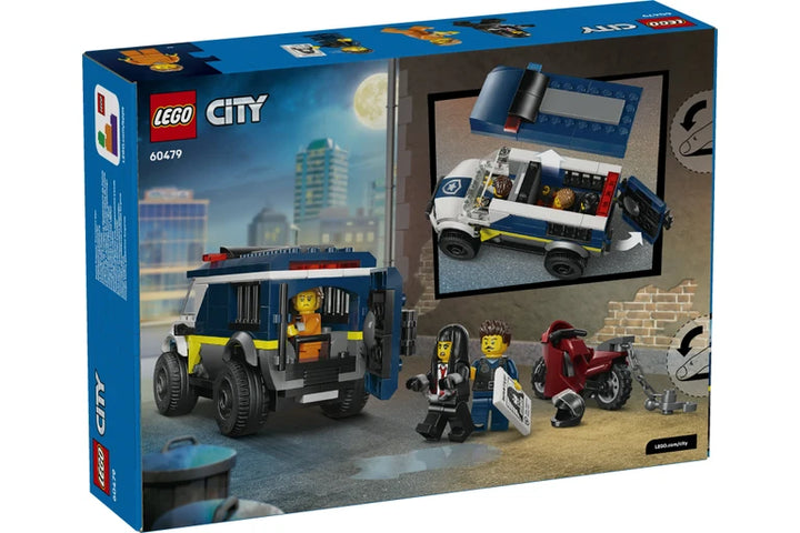 LEGO City 60479 Police Station set box, showing the assembled blue and white police vehicle, screen with a car and motorcycle scene, and minifigures on a blue retail package.