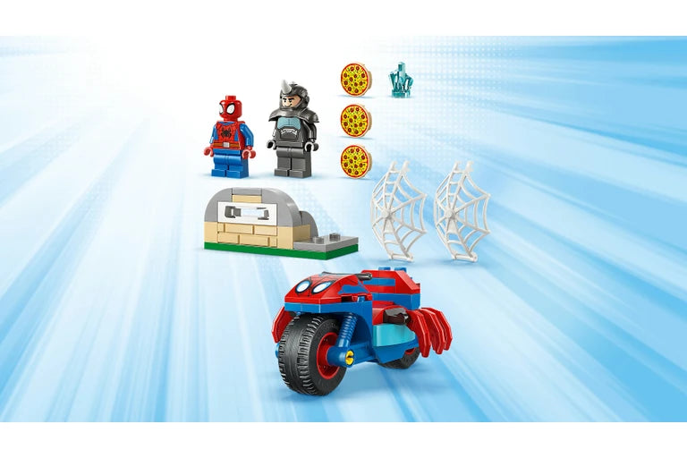LEGO Spider-Man set with motorcycle, characters, and accessories on a blue background