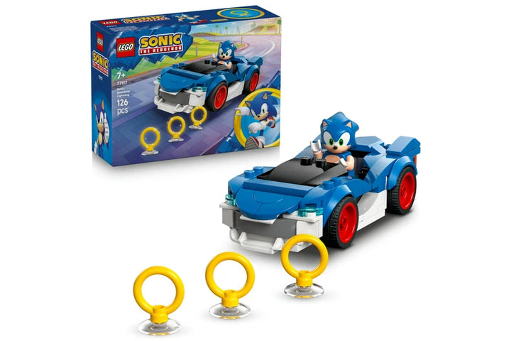 LEGO Sonic the Hedgehog vehicle set with packaging and accessories on a white background