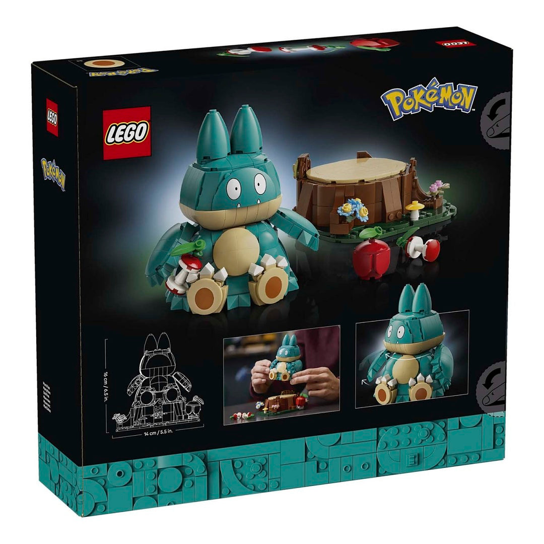 LEGO Pokémon Tinkatari building set box on a black background, showing the assembled Tinkatari figure, a small treehouse structure, and inset photos of building steps.