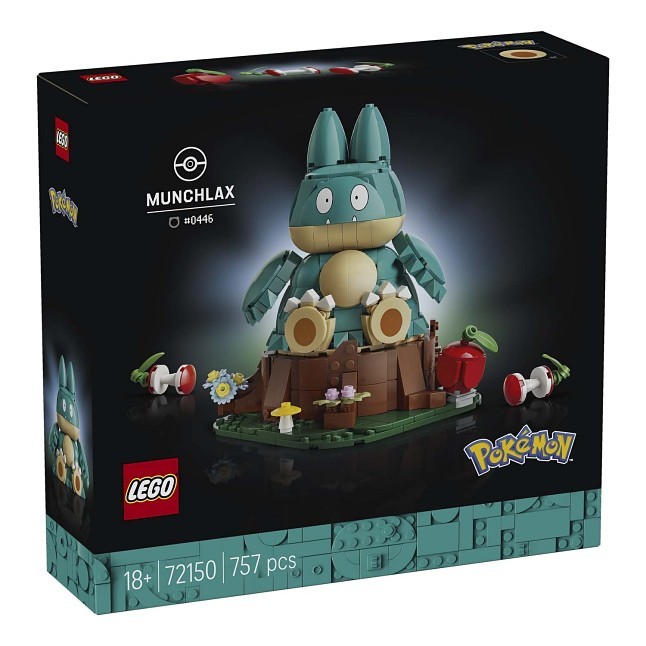LEGO Pokémon Munchlax set 72150 building kit box, featuring a dark design with the assembled Munchlax model on the front, LEGO and Pokémon logos, and piece count details at the bottom.