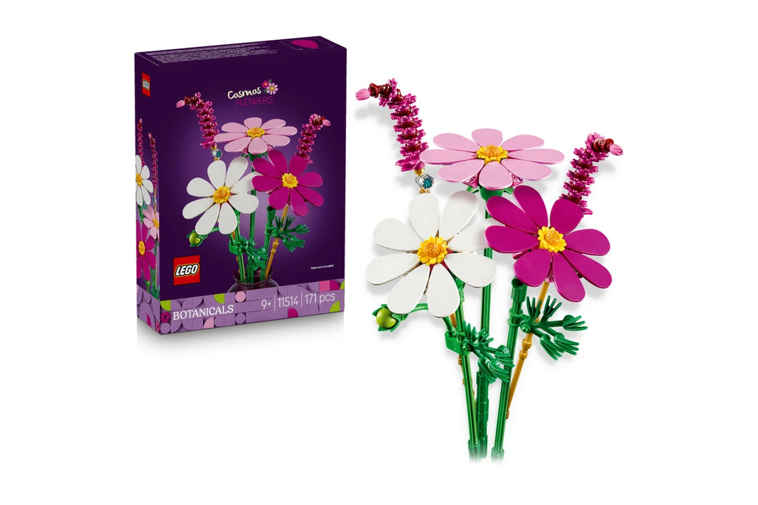 LEGO cosmos flowers set with a matching box on a white background