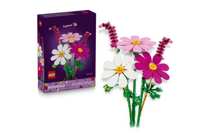 LEGO cosmos flowers set with a matching box on a white background