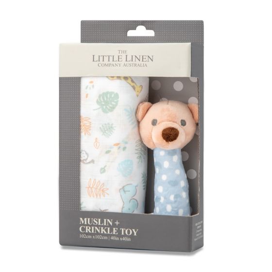 Little Linen Muslin Wrap & Crinkle Toy Safari Bear