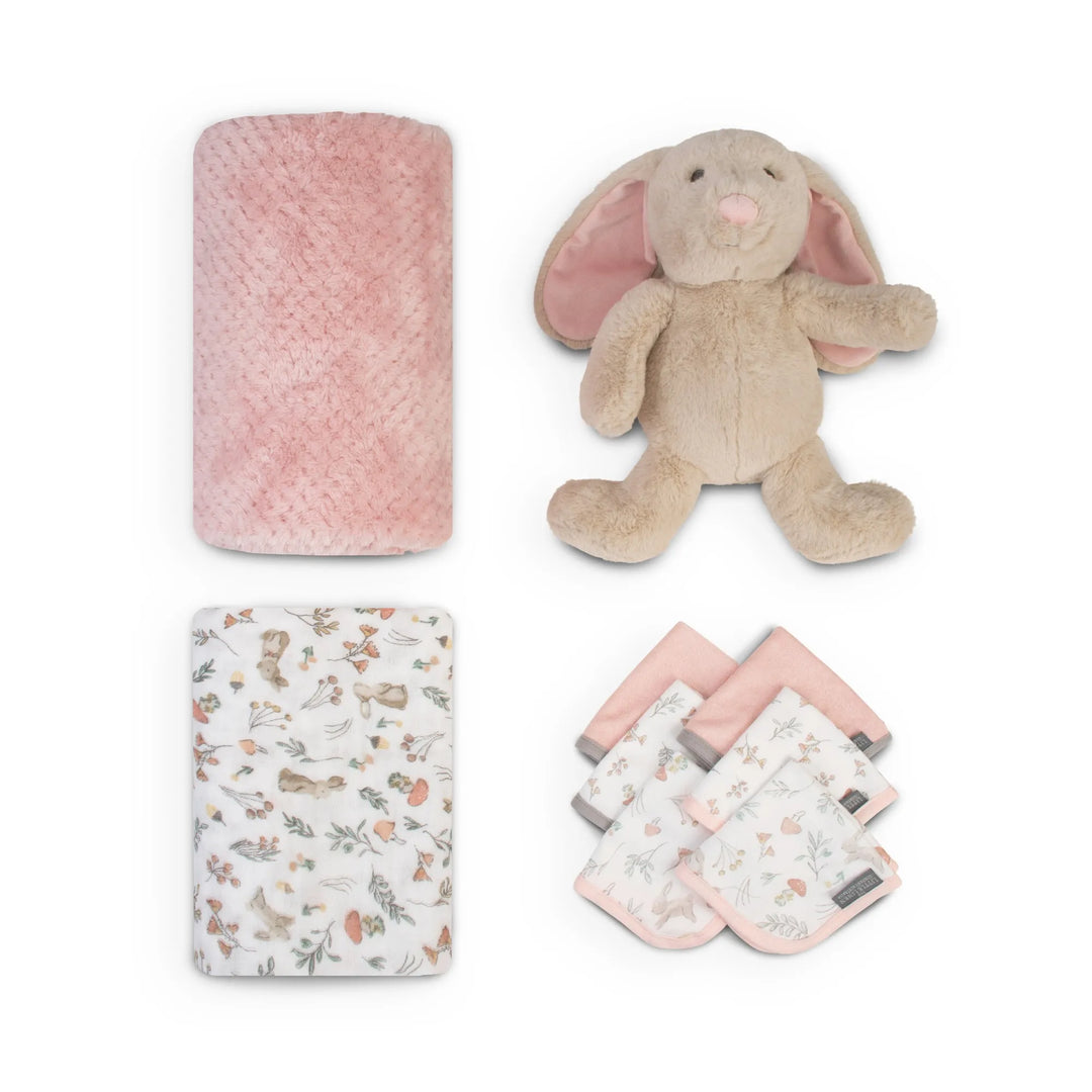 Set of baby items including a pink blanket, plush bunny, and two patterned blankets on a white background contents of Little Linen Baby Gift Set - Harvest Bunny