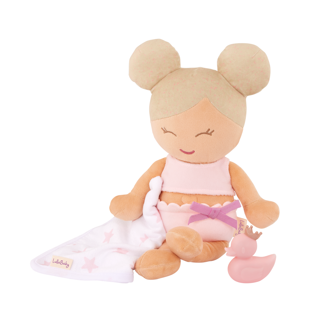 

    Bathtime Fun Time: Kids who love water play can bring the LullaBaby bath doll into the tub for snuggles and bubbles.
    Cute Details: This unique 14″ bath doll is designed with blonde hair and made of ultra-soft, water-safe plush for little hands to cuddle and carry.
    Bath Toys Included: The bath doll comes with a star-print towel, a removable top, and a pink bath ducky.
    Easy to Clean: The LullaBaby bath doll is machine washable. When drying after a bath, gently squeeze water out of the plush 