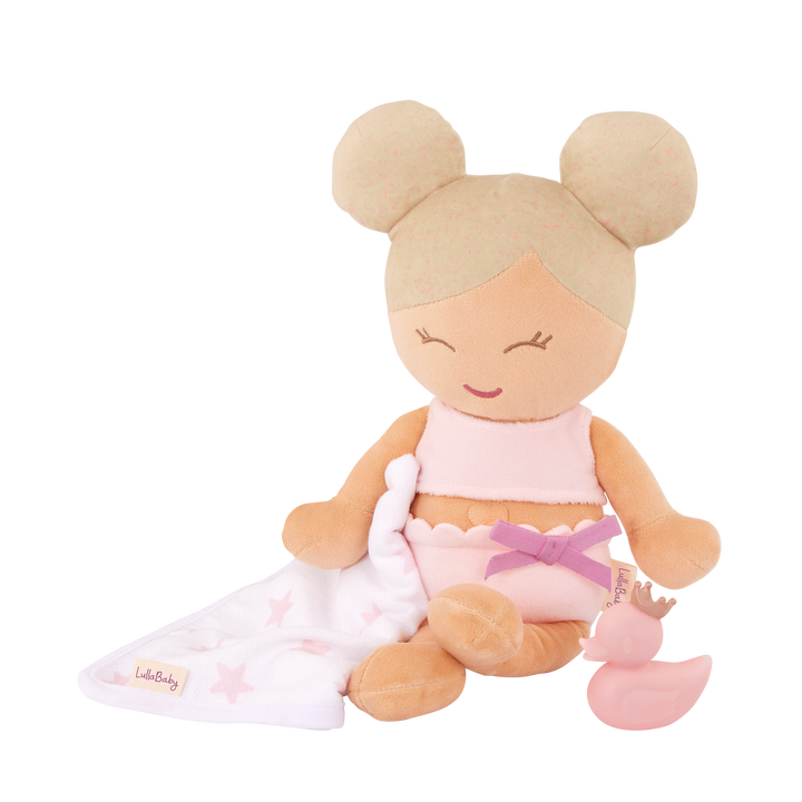 

    Bathtime Fun Time: Kids who love water play can bring the LullaBaby bath doll into the tub for snuggles and bubbles.
    Cute Details: This unique 14″ bath doll is designed with blonde hair and made of ultra-soft, water-safe plush for little hands to cuddle and carry.
    Bath Toys Included: The bath doll comes with a star-print towel, a removable top, and a pink bath ducky.
    Easy to Clean: The LullaBaby bath doll is machine washable. When drying after a bath, gently squeeze water out of the plush 