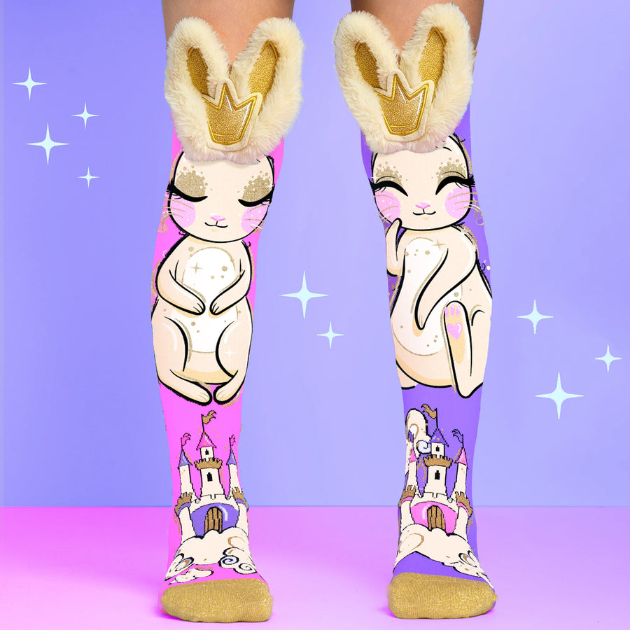 madmia Socks with bunny design and castle on a purple background
