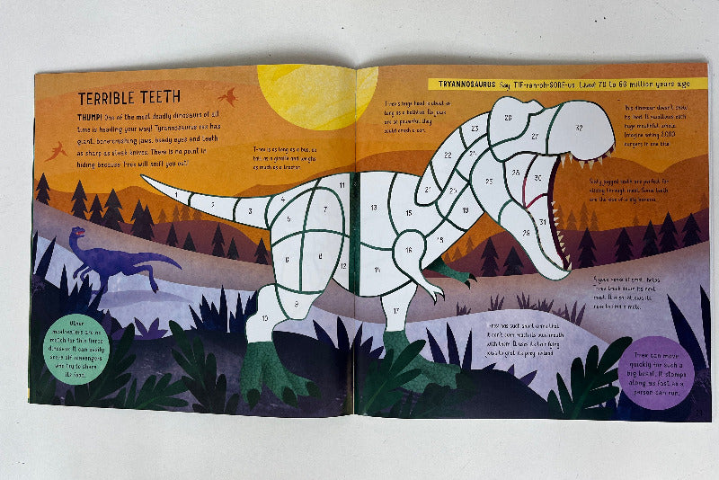 Open book showing a Tyrannosaurus Rex illustration with text about dinosaur teeth.