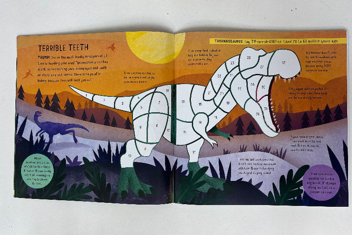 Open book showing a Tyrannosaurus Rex illustration with text about dinosaur teeth.