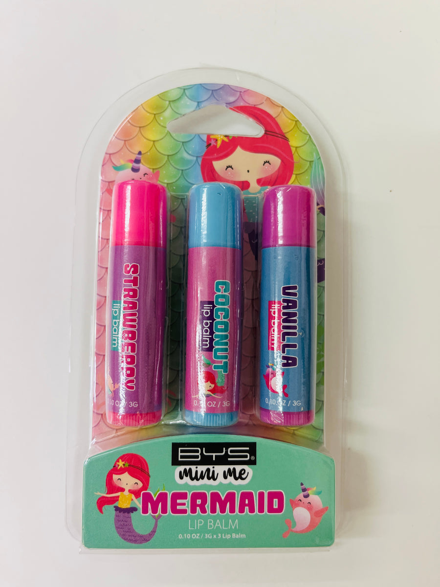 Packaged lip balms with mermaid design on a white background