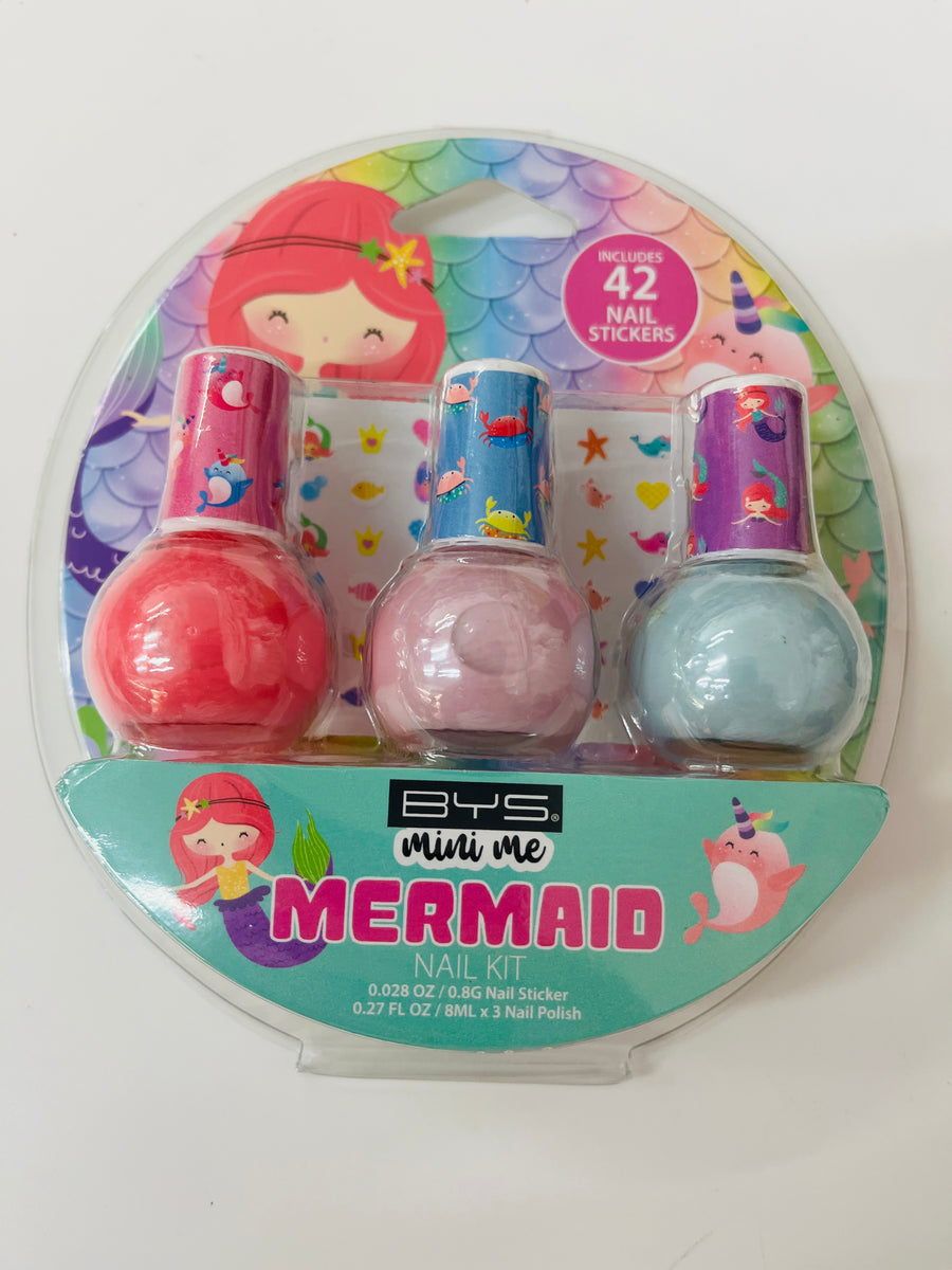 Mermaid-themed nail polish kit with three bottles and packaging on a white background
