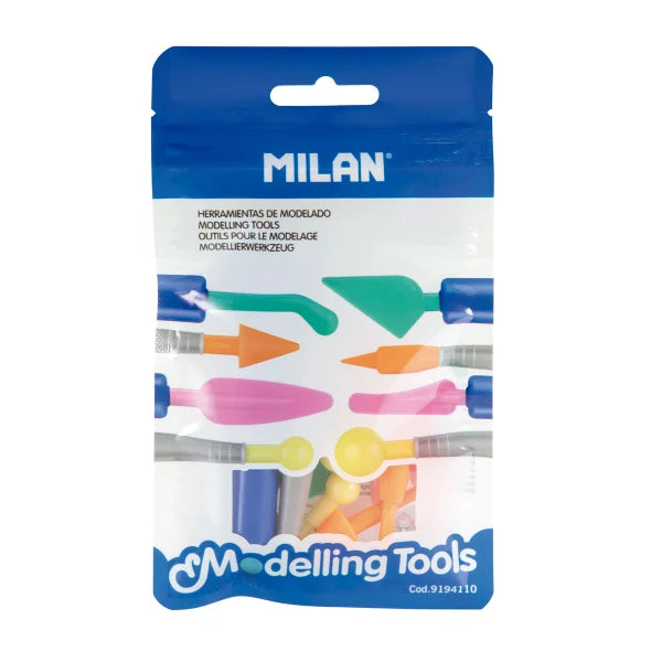 Packaging of Milan modelling tools with colorful tools inside on a white background