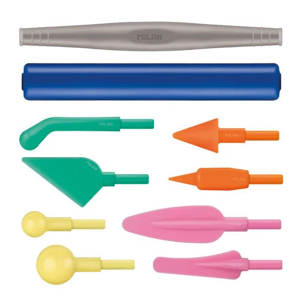 Set of colorful plastic nozzles and handles on a white background