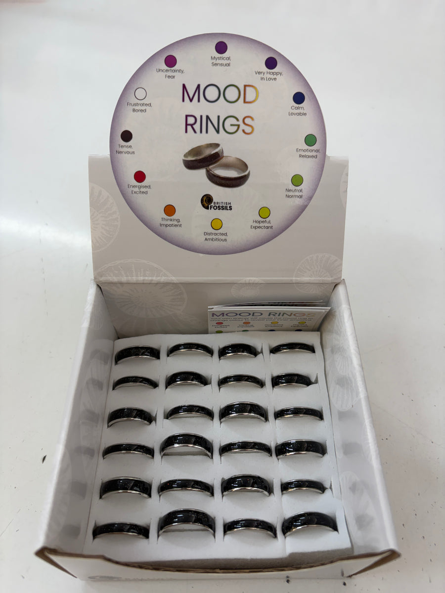An open display box of mood rings showing multiple black metal bands with silver inner rings, with a circular insert card titled 'MOOD RINGS' above them on a white surface.
