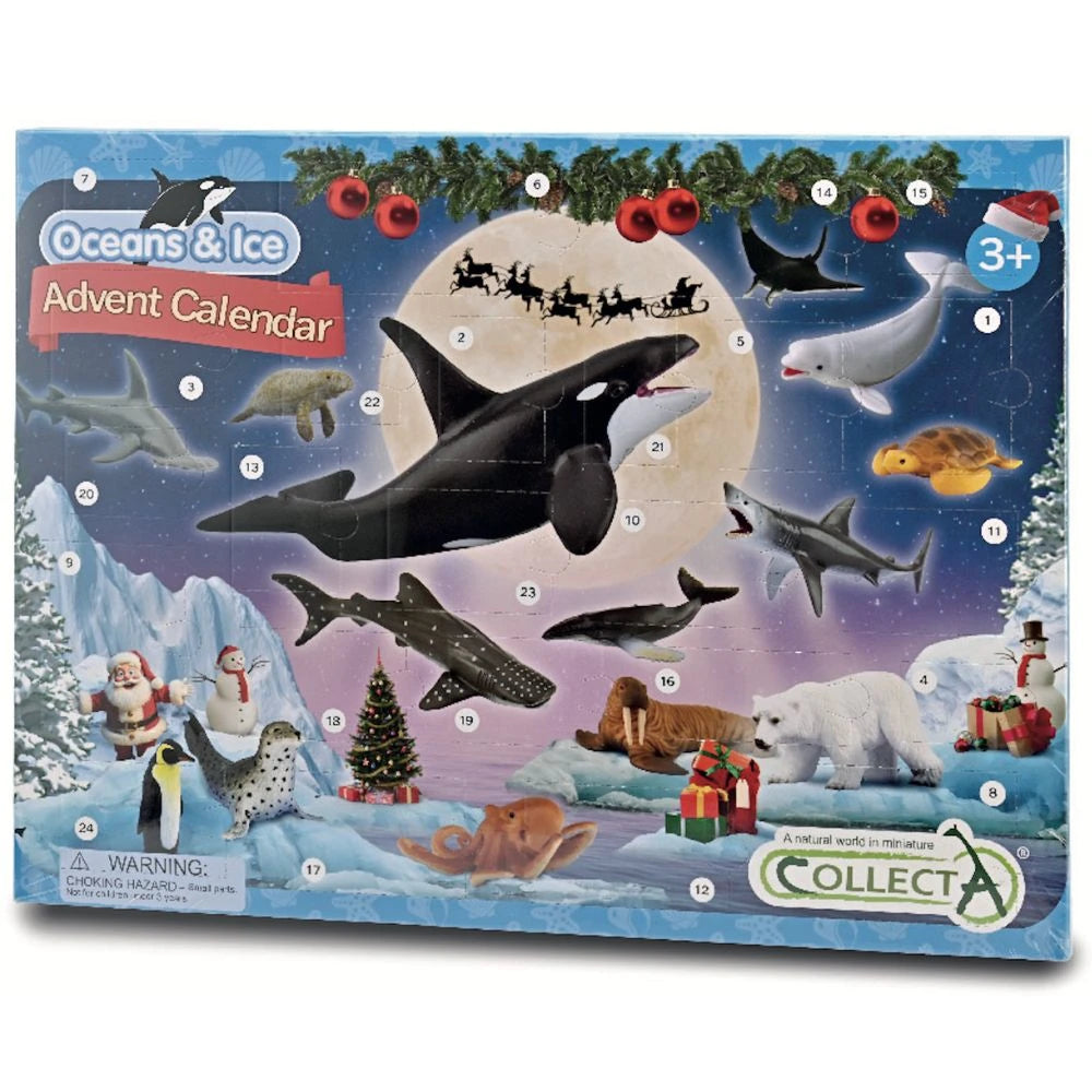 Oceans & Ice Advent Calendar by COLLECT, featuring a colorful winter ocean scene with numbered illustrations of sea life, Santa, and holiday decorations on the front.