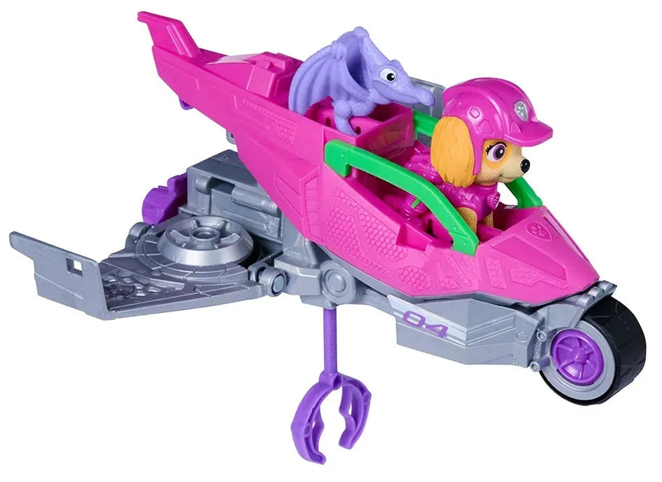 A Paw Patrol toy vehicle featuring a pink and gray jet ski-style toy with a purple dragon figure and a dog driver figure wearing a pink helmet, isolated on a white background.