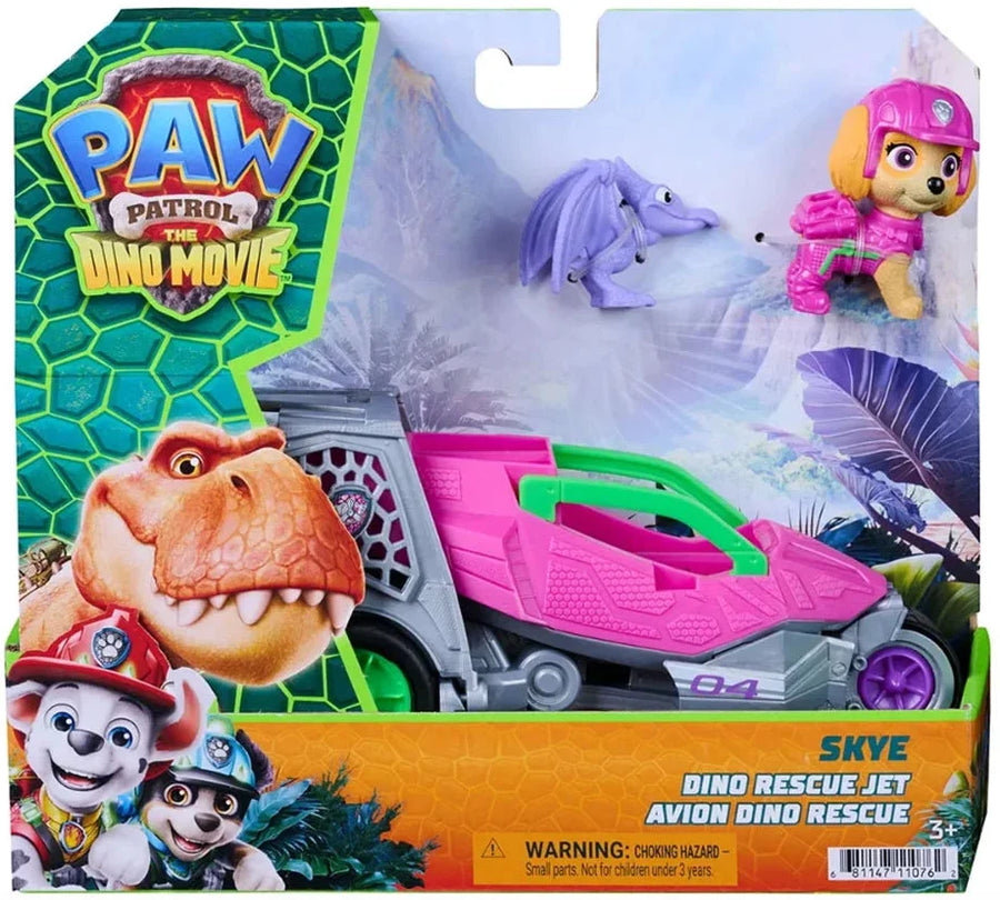 PAW Patrol The Dino Movie Skye Dino Rescue Jet toy set in its original retail packaging, featuring a pink and green jet, a small purple dinosaur, and character graphics.