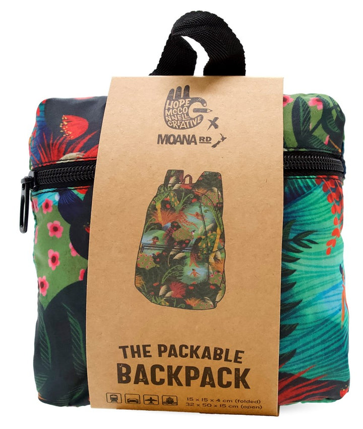 Packable backpack with tropical design and Moana branding on a cardboard sleeve.