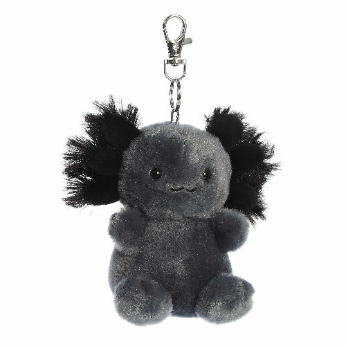 Plush keychain with a cute grey axolotl on a white background