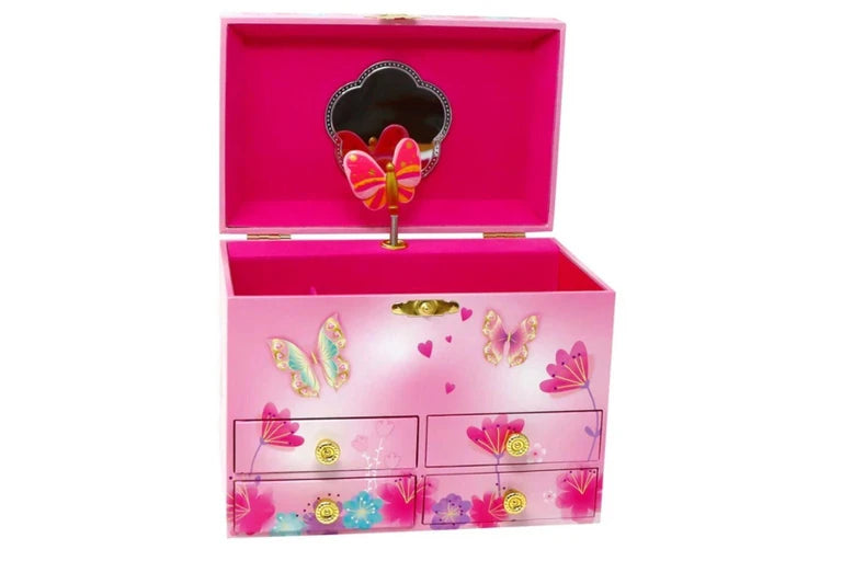 Pink jewelry box with butterfly designs on a white background