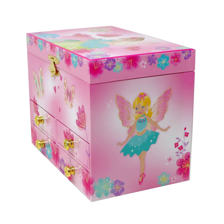Pink jewelry box with fairy design on a white background