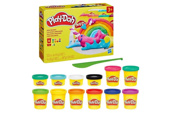 Play-Doh modeling clay set with a yellow box, a green scoop, and ten small clay containers in assorted colors arranged below on a white background.